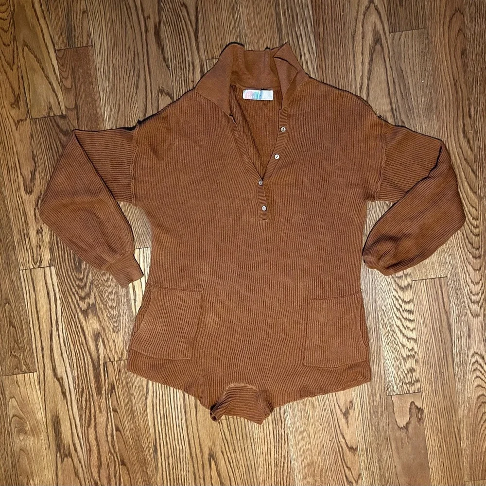 .Free People Beach Picnic‎ Sweater Romper Linen Cotton Red Brown XS